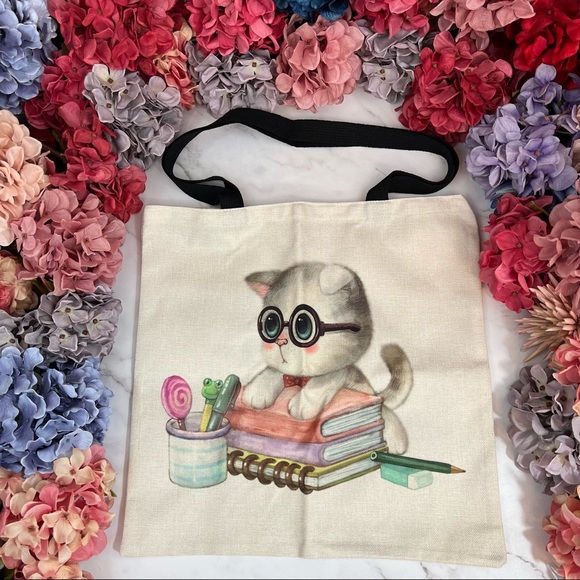 Eco-Friendly Bookworm Kitten Folding Tote Bag - Picture 2 of 15